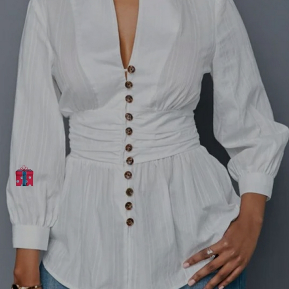 Ruched waist button down long sleeve v neck top boho - Picture 1 of 5